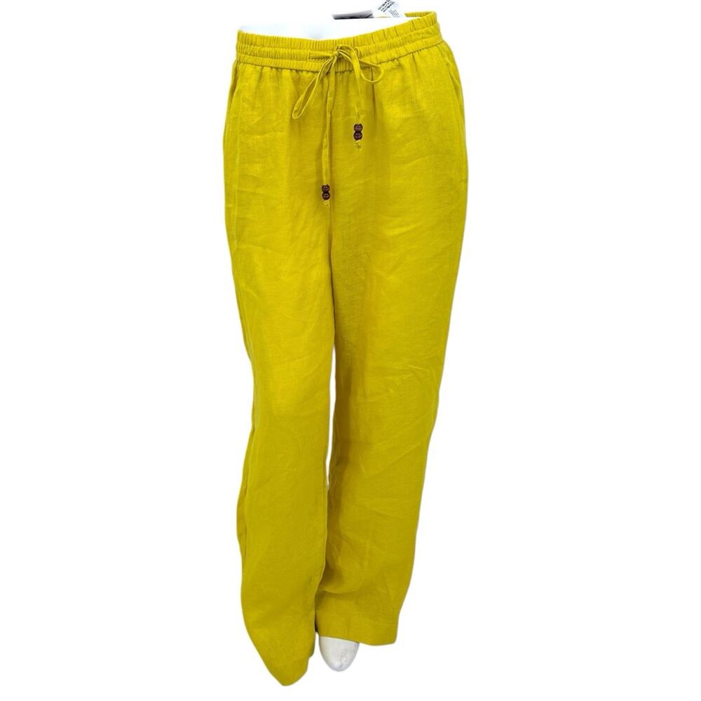 New Zara 100% Linen Yellow Elastic Waist Tie Wide‎ Leg Summer Pants Medium